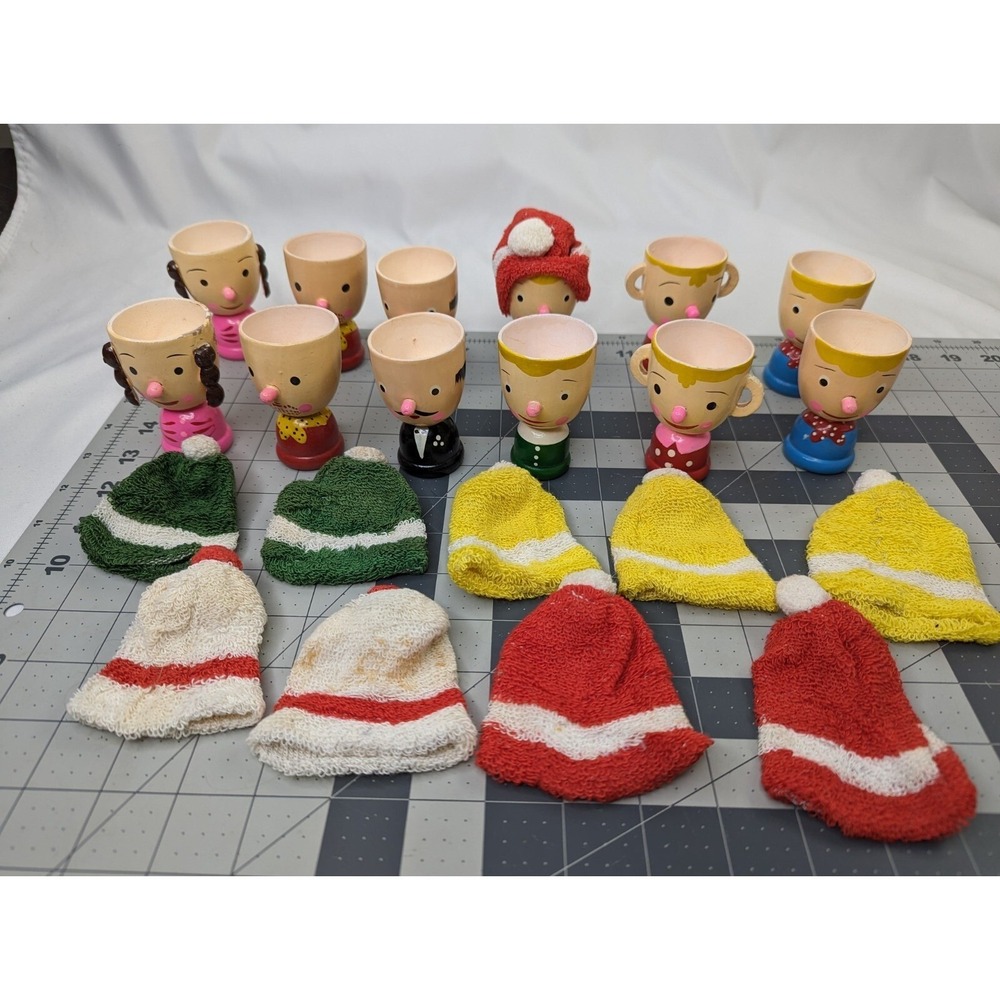 Napco Wooden Egg Cup Holder Lot of 12 Painted Face Stocking Hats